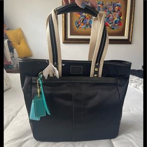NWT Womens Coach Black/Aqua HMW Sateen Tote Handbag